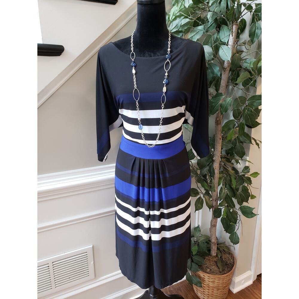 New Directions Knee Length Dress Women's 14 Black & White 3/4 Sleeve Round Neck